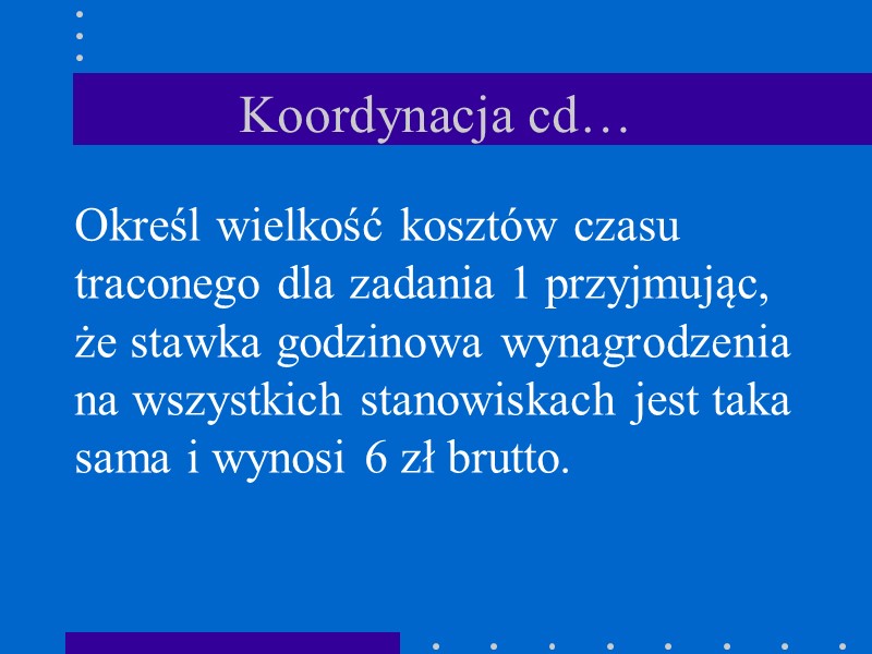 Koordynacja cd… Określ wielkość kosztów czasu traconego dla zadania 1 przyjmując, że stawka godzinowa